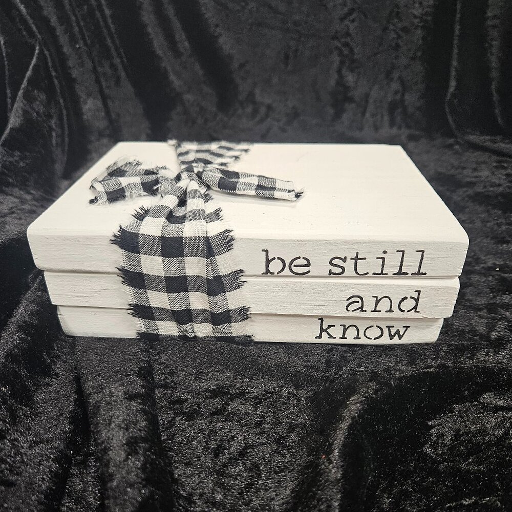 Wooden Block with Black Checker pattern ribbon - be still and know